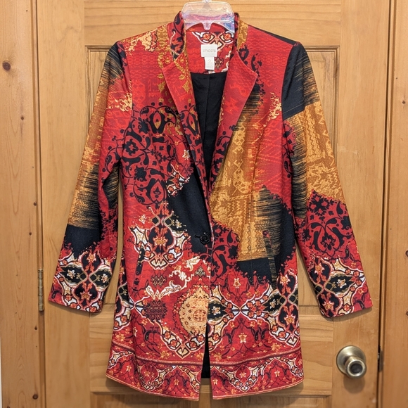Chico's Jackets & Blazers - Chico's Printed Statement Jacket Sz 0 Small Blazer Black Red Art to Wear Asian